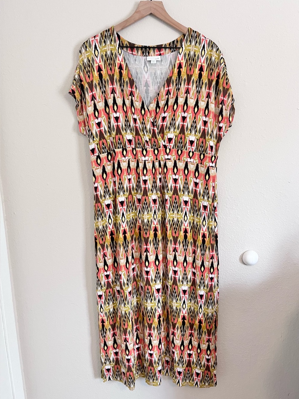 J Jill Green Ikat Geometric Print Rayon Knit Midi Maxi Dress Size Large Petite